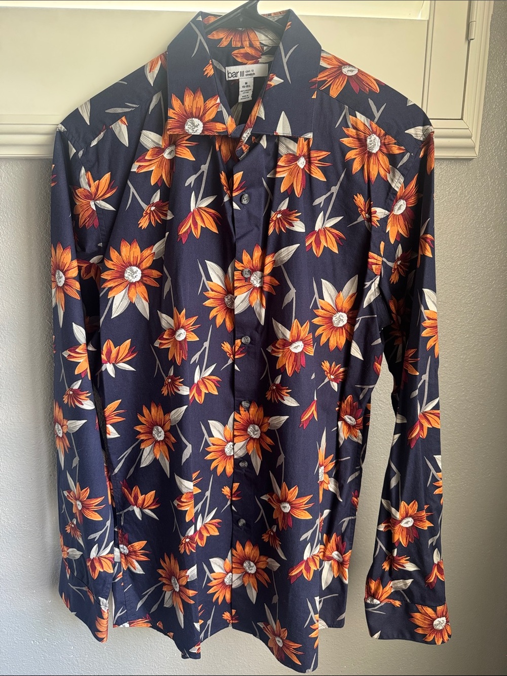 Bar III Navy Button-Down Shirt with Orange Floral Print